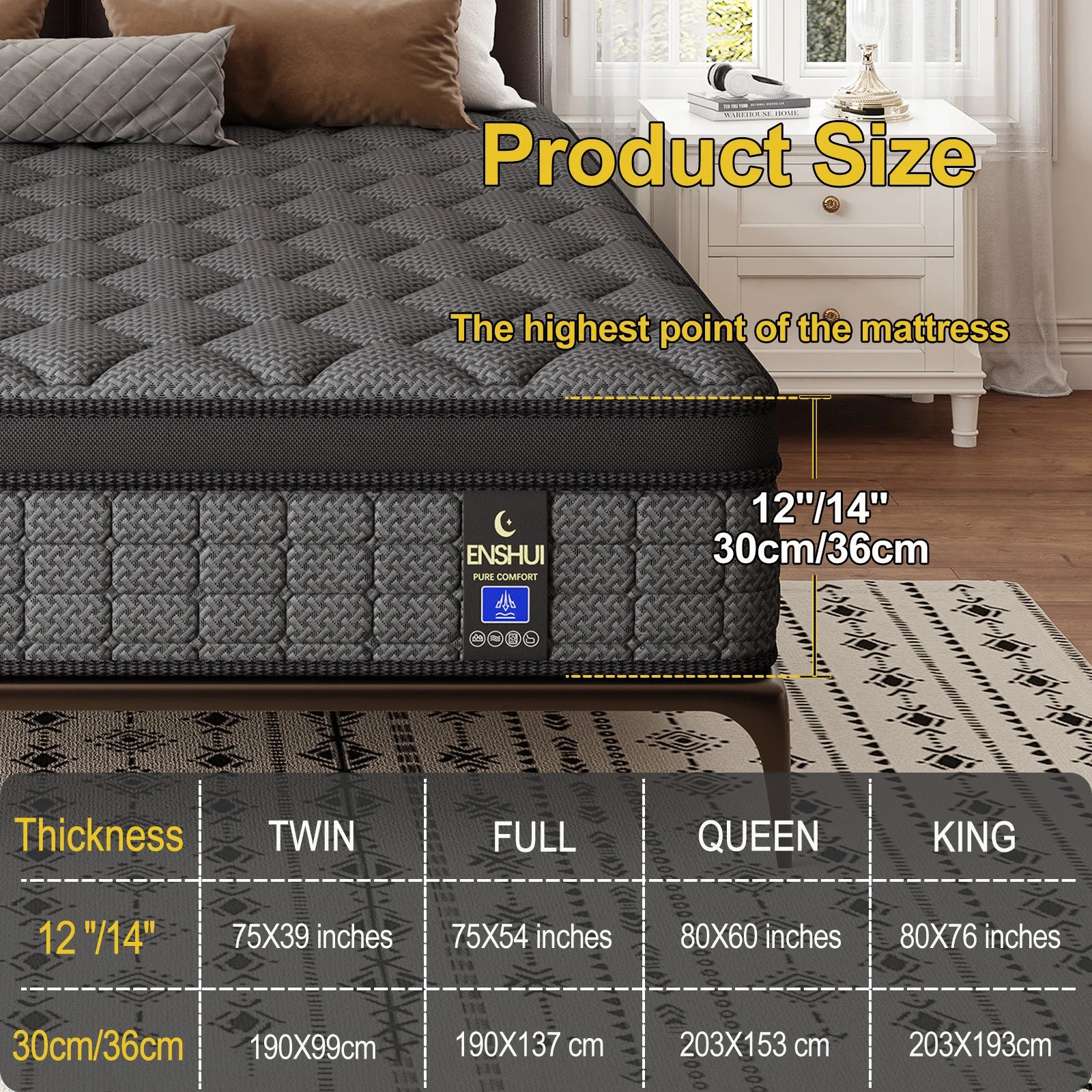 ENSHUI 12/14 Inch Queen & King Mattress In A Box – Gel Memory Foam With Cooling Technology, Medium-Firm Feel, Motion Isolation & Edge Support, Breathable Polyester Cover, Twin/Full/Queen/King Sizes, Durable & Easy To Clean