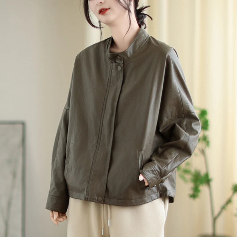 Masss Wasss 2025 Autumn Ladies Classic Fashion Oversized PU Jackets Womems Leisure Faux Leather Coats Loose Vintage Windbreakers