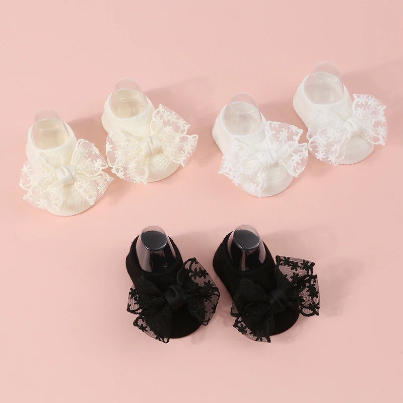 Baby Girls Socks Headband Sets Spring Autumn Knit Lace Bow Princess Socks for Party, Wedding, Baby Shower