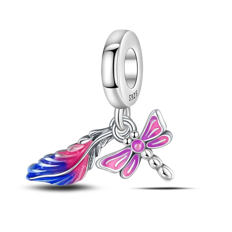 925 Sterling Silver Colorful Butterfly Dragonfly Feathers Charms Luminous Stars Pendants Fit Original Bracelets Fine DIY Jewelry