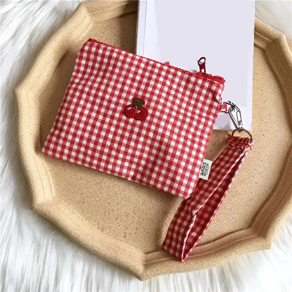 Red Cherry Canvas Makeup Bag, Portable and Easy to Carry. Red Plaid, Large Capacity Cosmetic Lipstick Storage Bag.