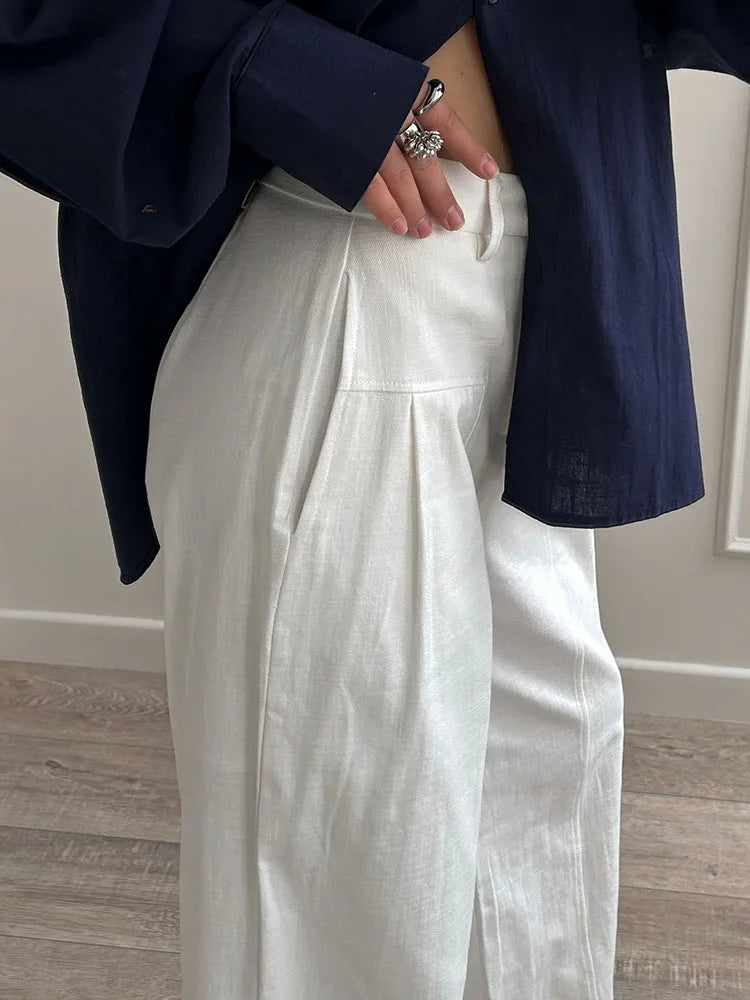 Summer White Pants For Women Cotton Formal High Waist Wide Leg Trousers Ladies Elegant Summer Women's Pants Straight Leg Office