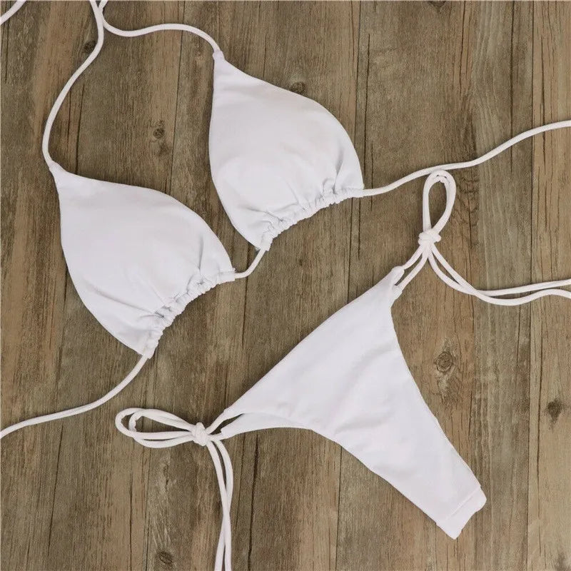 Women Triangle Bikini Set Halter Tie-Up Two Piece Swimsuit Thong Bottom Bathing Suit Beachwear