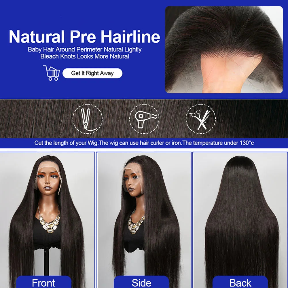 13x4 Bone Straight 250% Density Human Hair Wig 13x6 HD Lace Frontal Wig 40 Inch Natural Black Glueless Lace Front Wig for Women