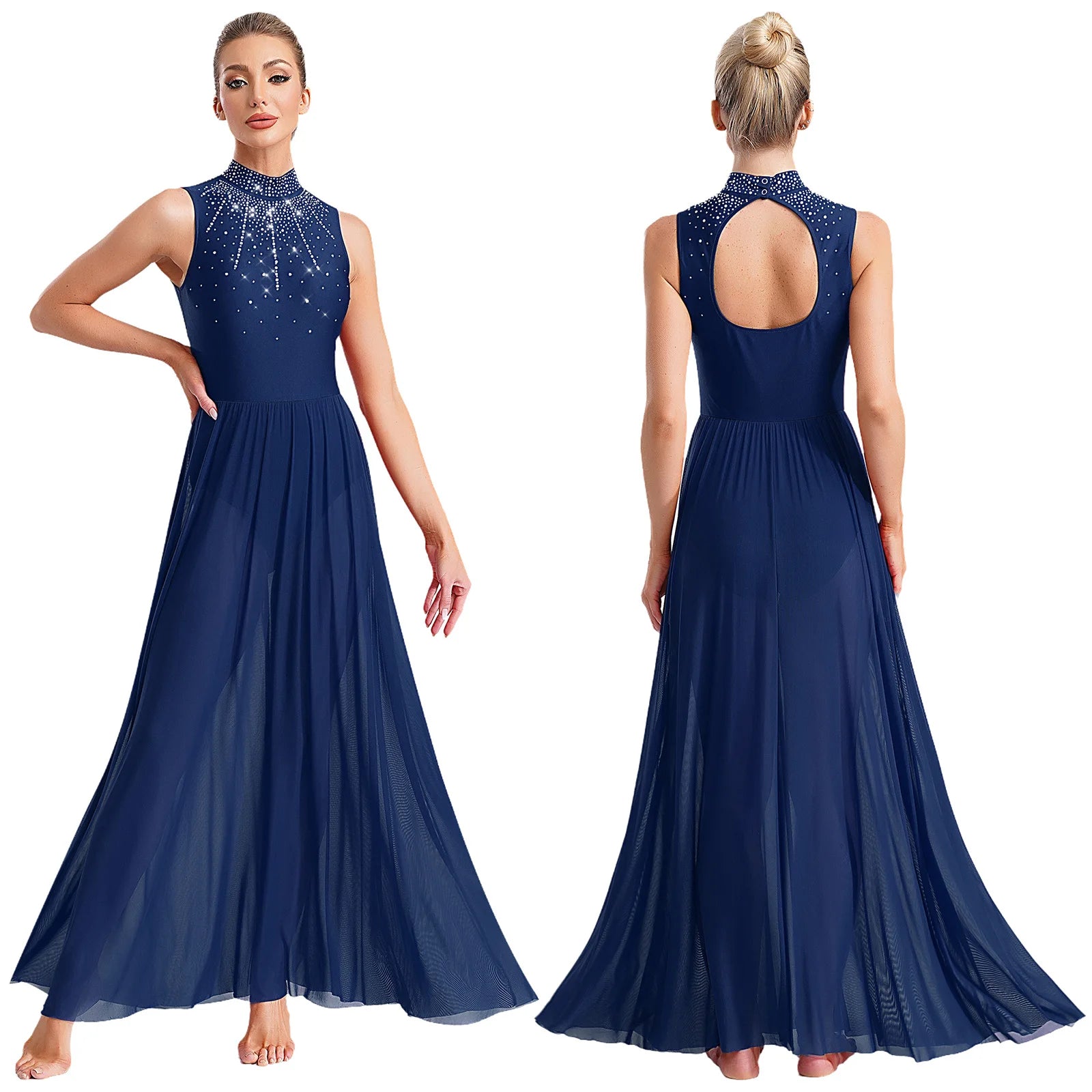 Womens Ballet Lyrical Dance Dress Cutout Back Full Length Overlay Leotard Costume Latin Rumba Tango Maxi Dress Long Dancewear