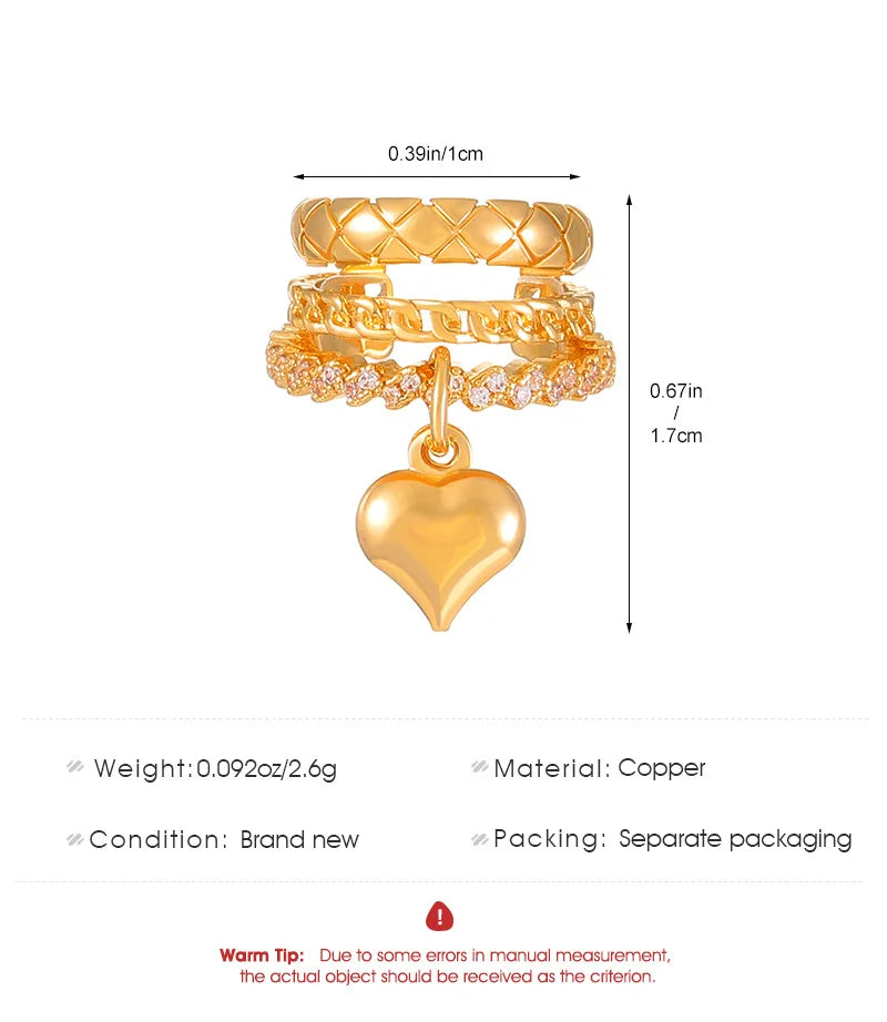 LATS Vintage Romantic Heart Pendant Clip Earrings for women no Piercing Multi-Layer Chain Ear Cuff Water Drop Teardrop Jewelry