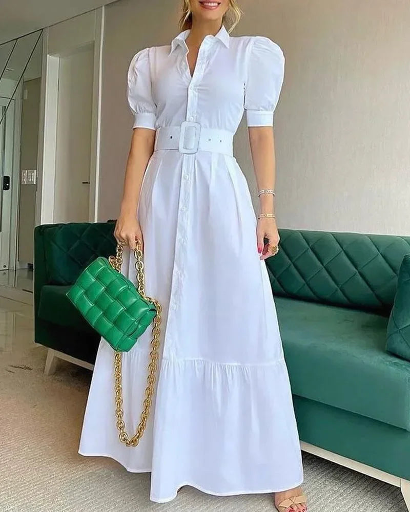 High Waist Temperament Solid Color Mid Length Skirt robe Slim Fit Bubble Sleeve Dress With Belt Robe 2024 Spring Womem Clothing