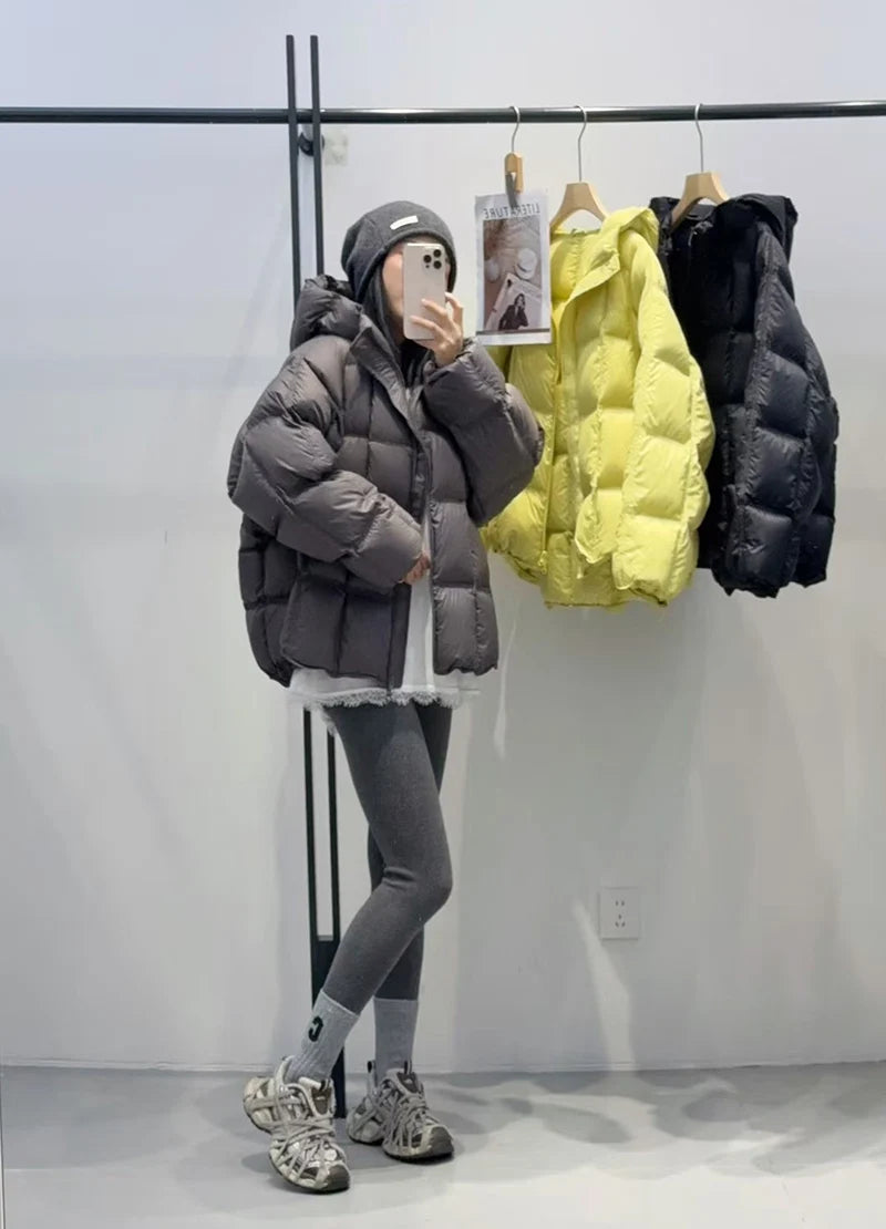 Schinteon Women Light White Down Jacket with Hood Loose Over Size Casual Autumn Winter Outwear Square Warm Short Coat 2026 New