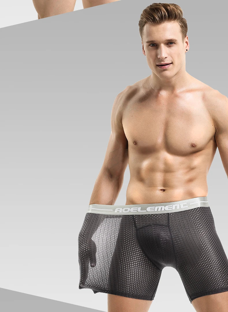 Men's Extra Long Sports Underwear Boxer Running Anti-Wear Legs Large Size Ice Silk Loose 100kg Fat Guy Four Corners