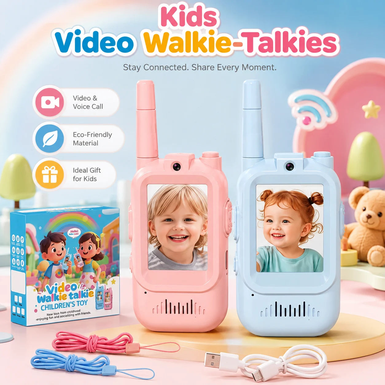 2PCS Kids Video Walkie Talkies USB Charging Indoor and Outdoor High Definition Intercom Children's Toys Birthday Gifts Ages 3-12