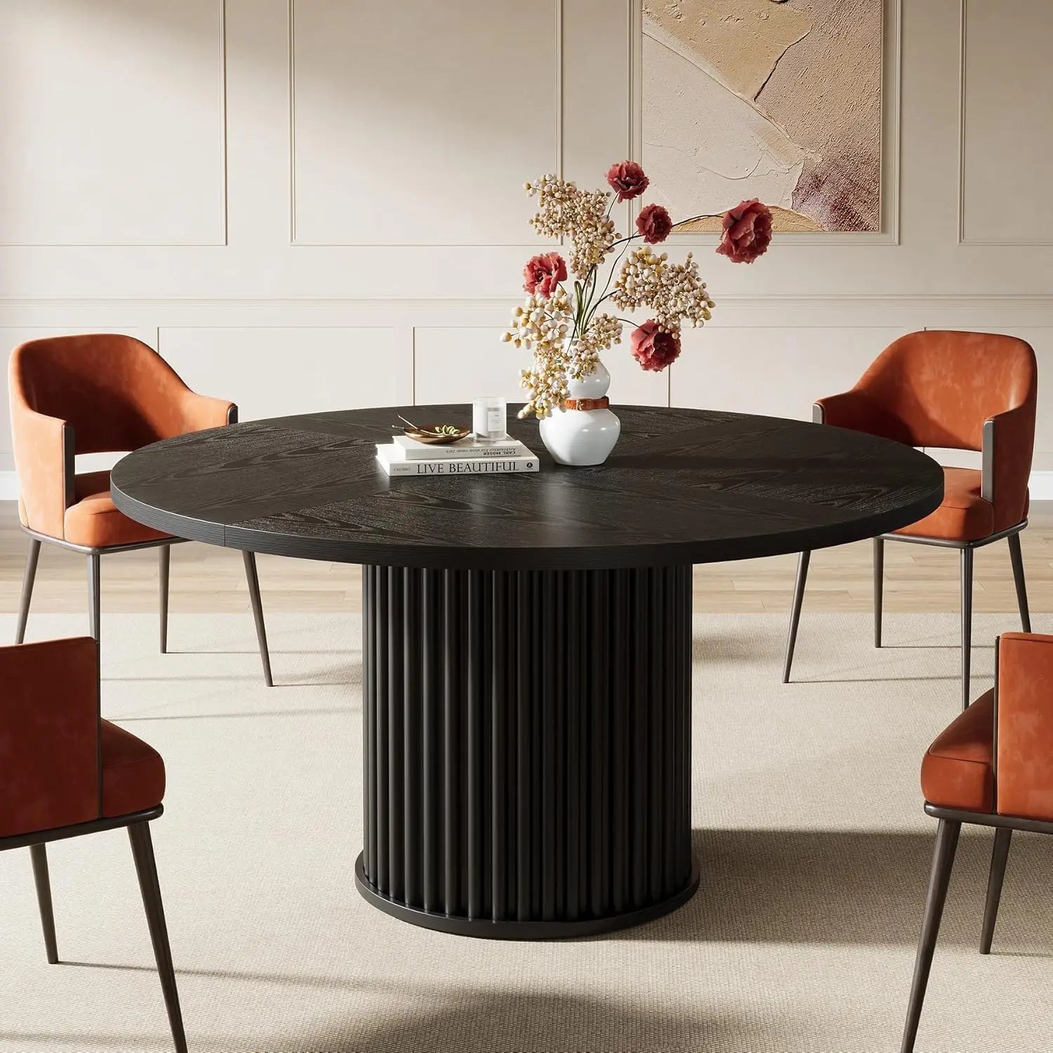 Round Dining Table,Black Dining Table for 4 People, Dining Room Table with Sturdy Metal Frame, Modern Dining Room Furniture