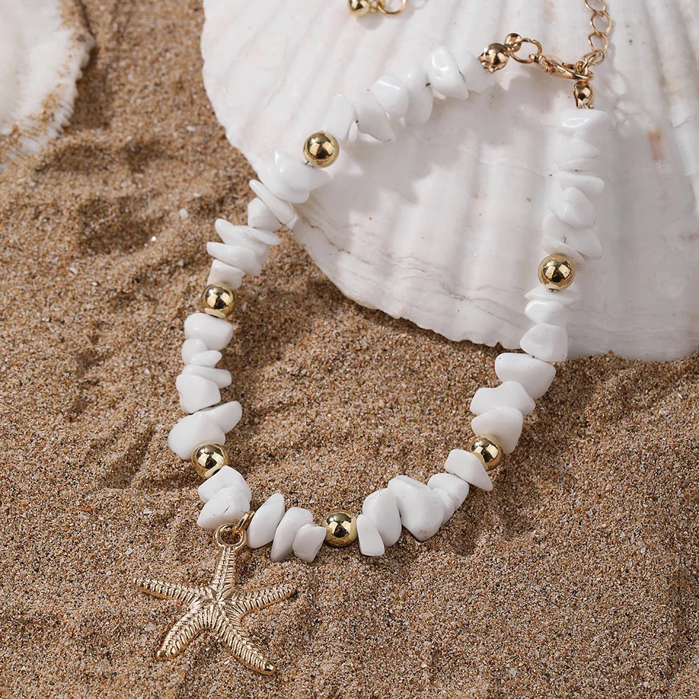 White Turquoise Beaded Chain Starfish Pendant Ankle Summer Bracelet Charm Sandals Barefoot Beach Foot Bridal Jewelry