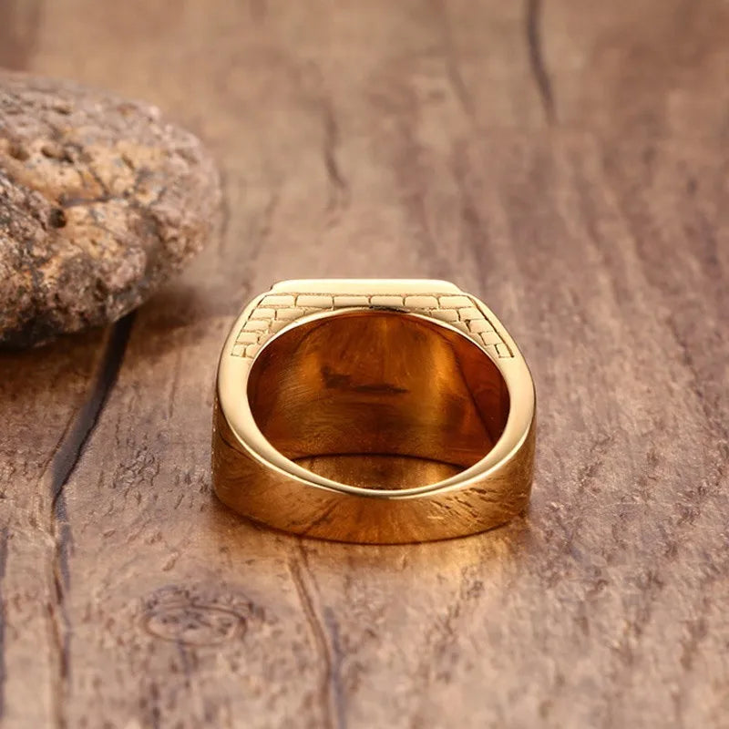 Black Stone Mens Signet Ring, Stylish Gold Color Stainless Steel Statement Ring, Husband Dad Christmas Gifts for Him