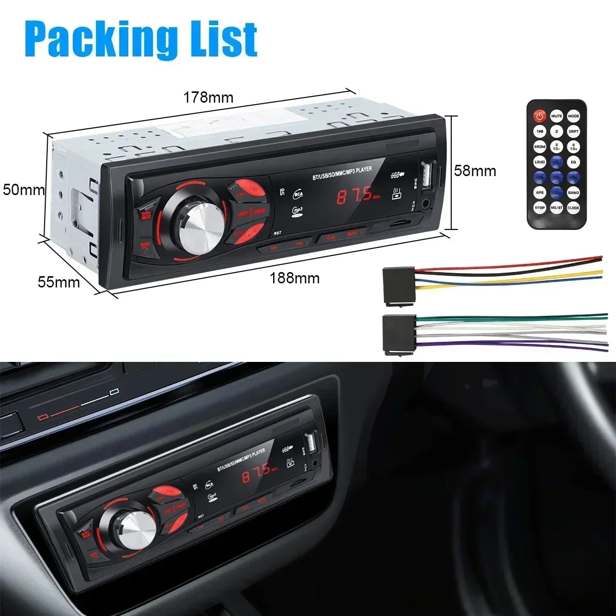Bluetooth Enabled Stereo Car Radio, FM Receiver with MP3 & Hands-free Calling Including Card Insertion