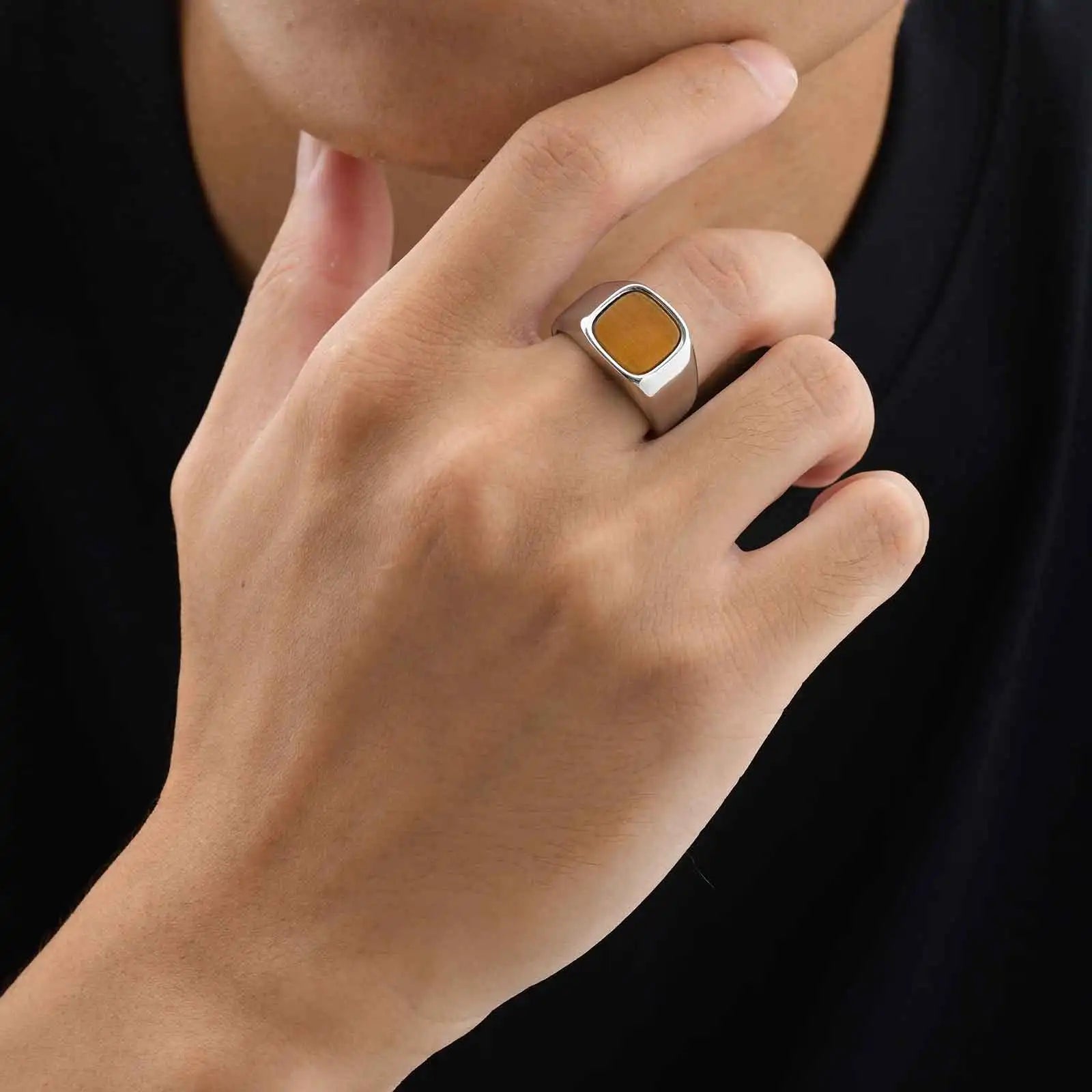 Men's High-Quality Stainless Steel Square Signet Ring with Black Glass And Natural Tiger Eye Stone - Fashion Classic Jewelry