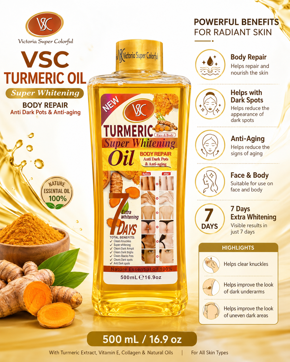 VSC Turmeric Super Whitening Body Oil 500 Ml 7 Days Results - Premium Beauty Product