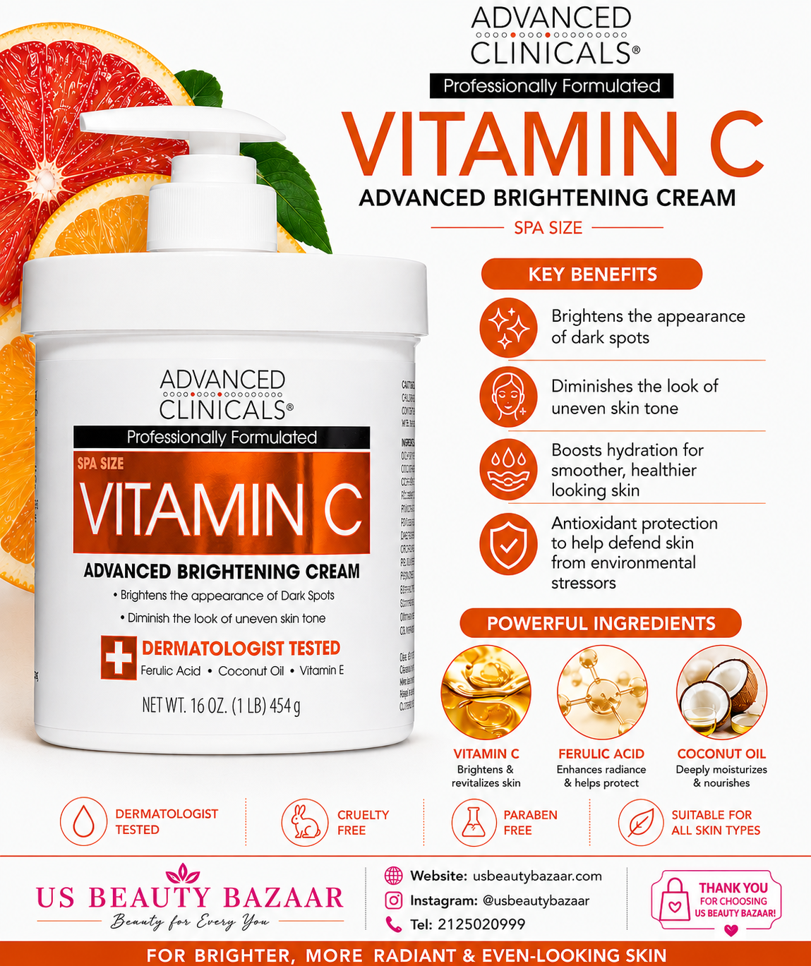 Advanced Clinicals Vitamin C Advanced Brightening Cream 16 o - Premium Beauty Product