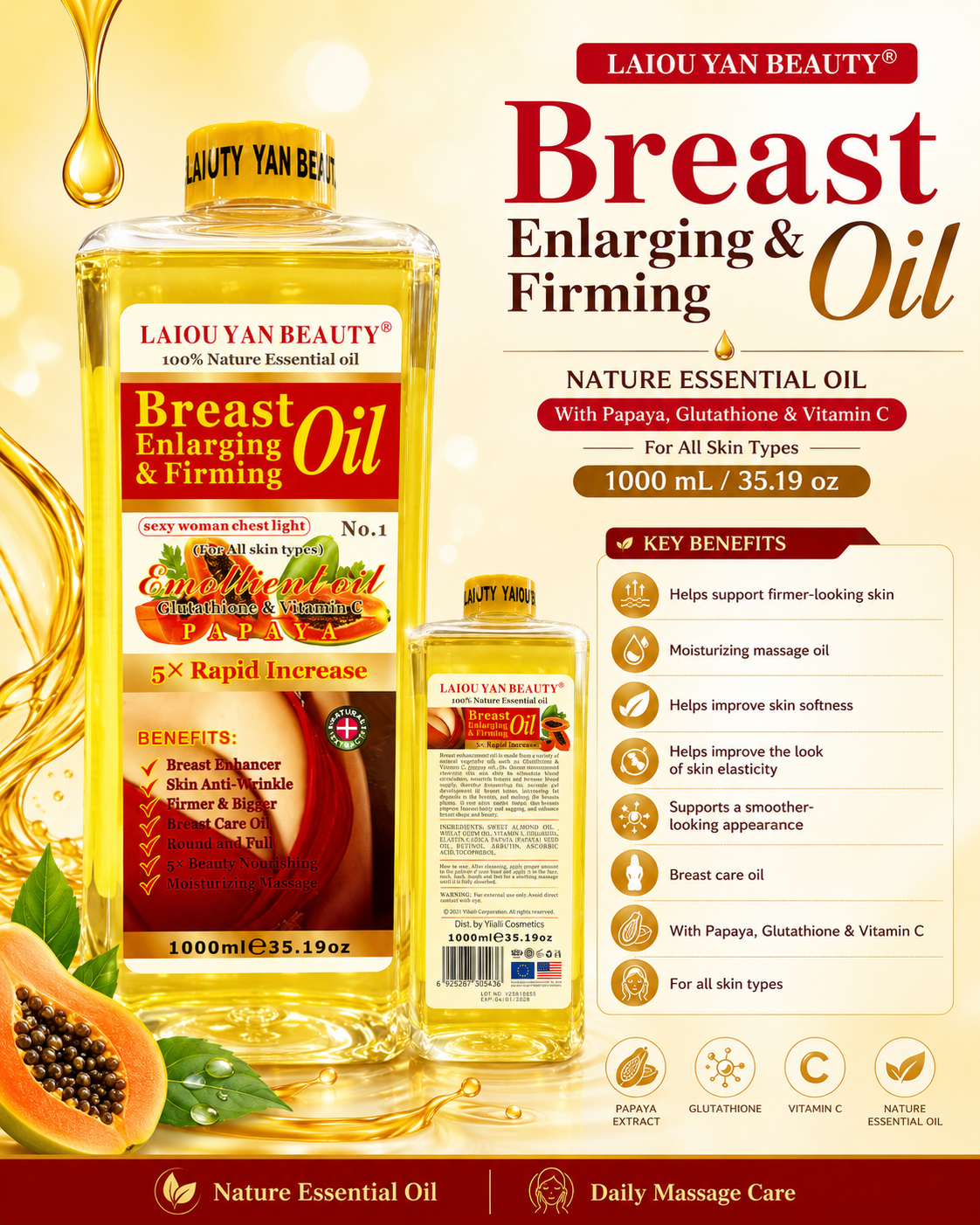 LAIOU YAN BEAUTY Papaya Breast Enlarging & Firming Oil 1000  - Premium Beauty Product