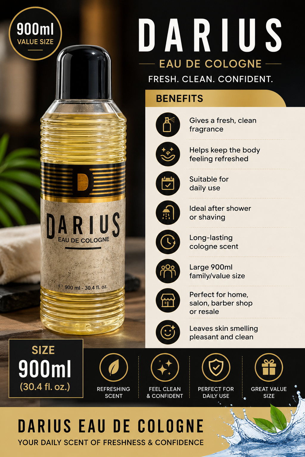 Darius Eau De Cologne 900ml – Fresh Daily Fragrance - Premium Beauty Product