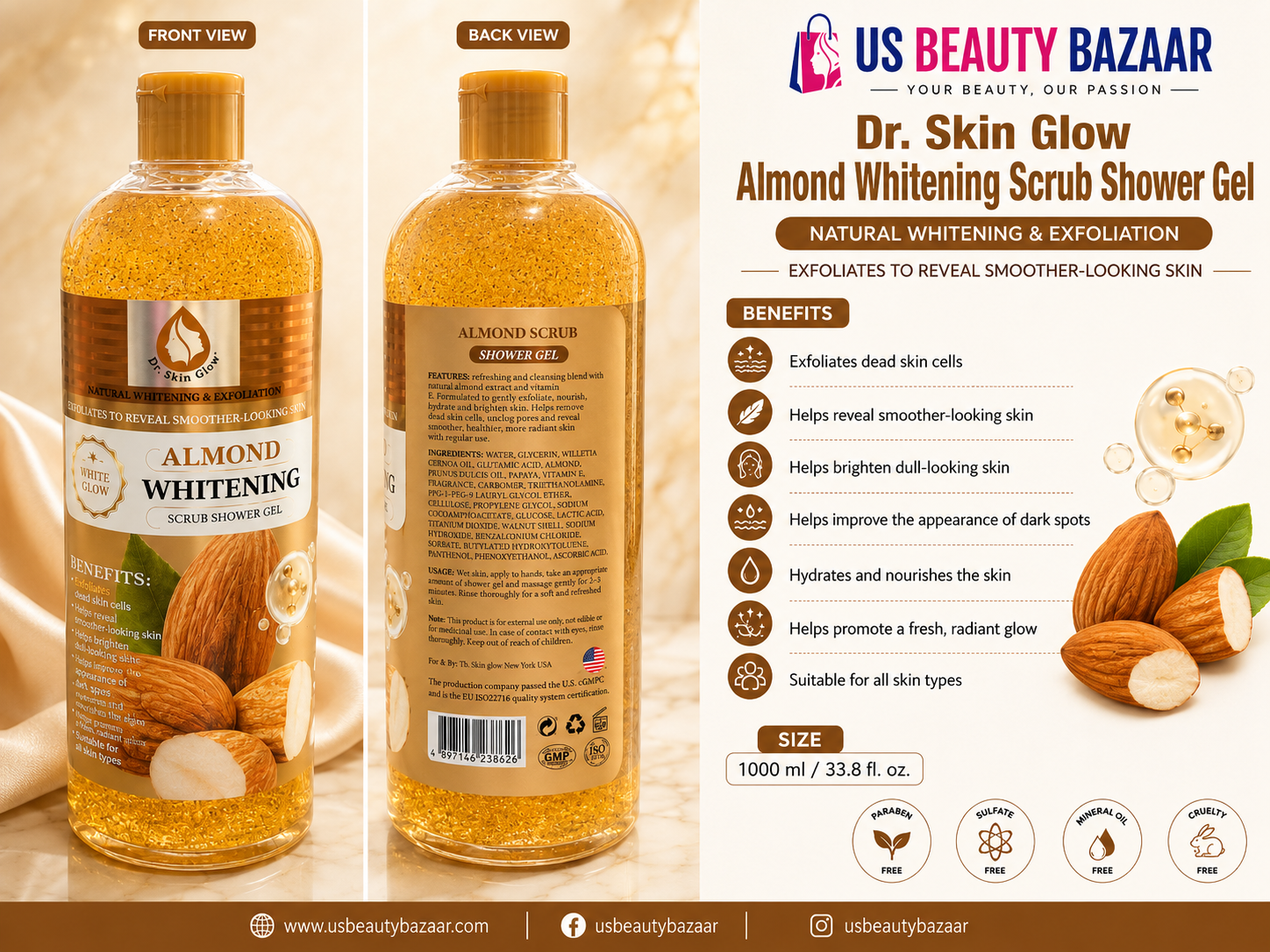 Dr. Skin Glow Almond Whitening Scrub Shower Gel  Size: 1000  - Premium Beauty Product