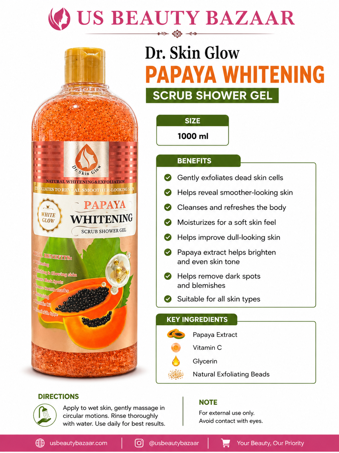 Dr. Skin Glow Papaya Whitening Scrub Shower Gel  Size: 1000  - Premium Beauty Product