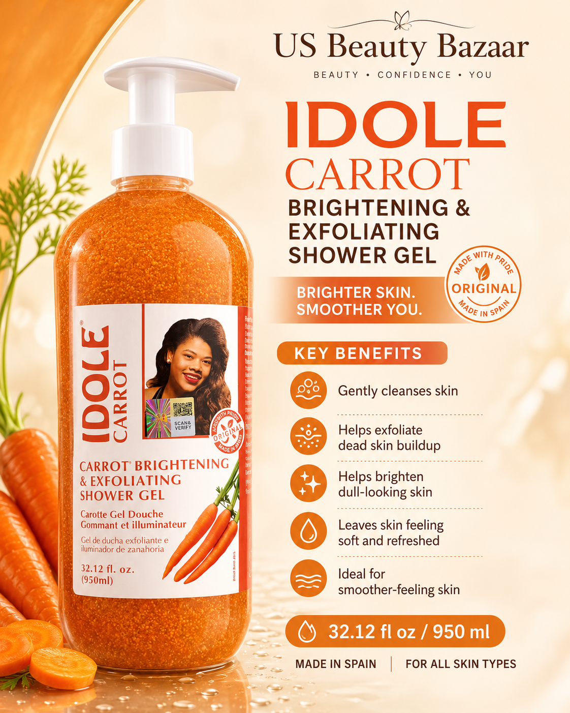 Idole Carrot Brightening & Exfoliating Shower Gel  Size: 32. - Premium Beauty Product