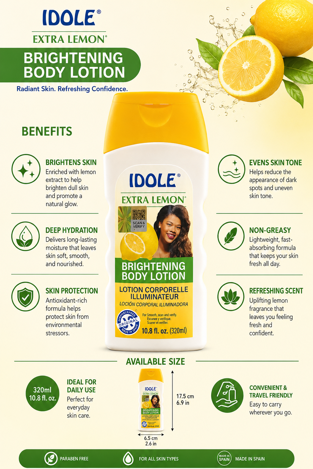 Idole Extra Lemon Brightening Body Lotion 10.8 fl.oz /320 Ml - Premium Beauty Product