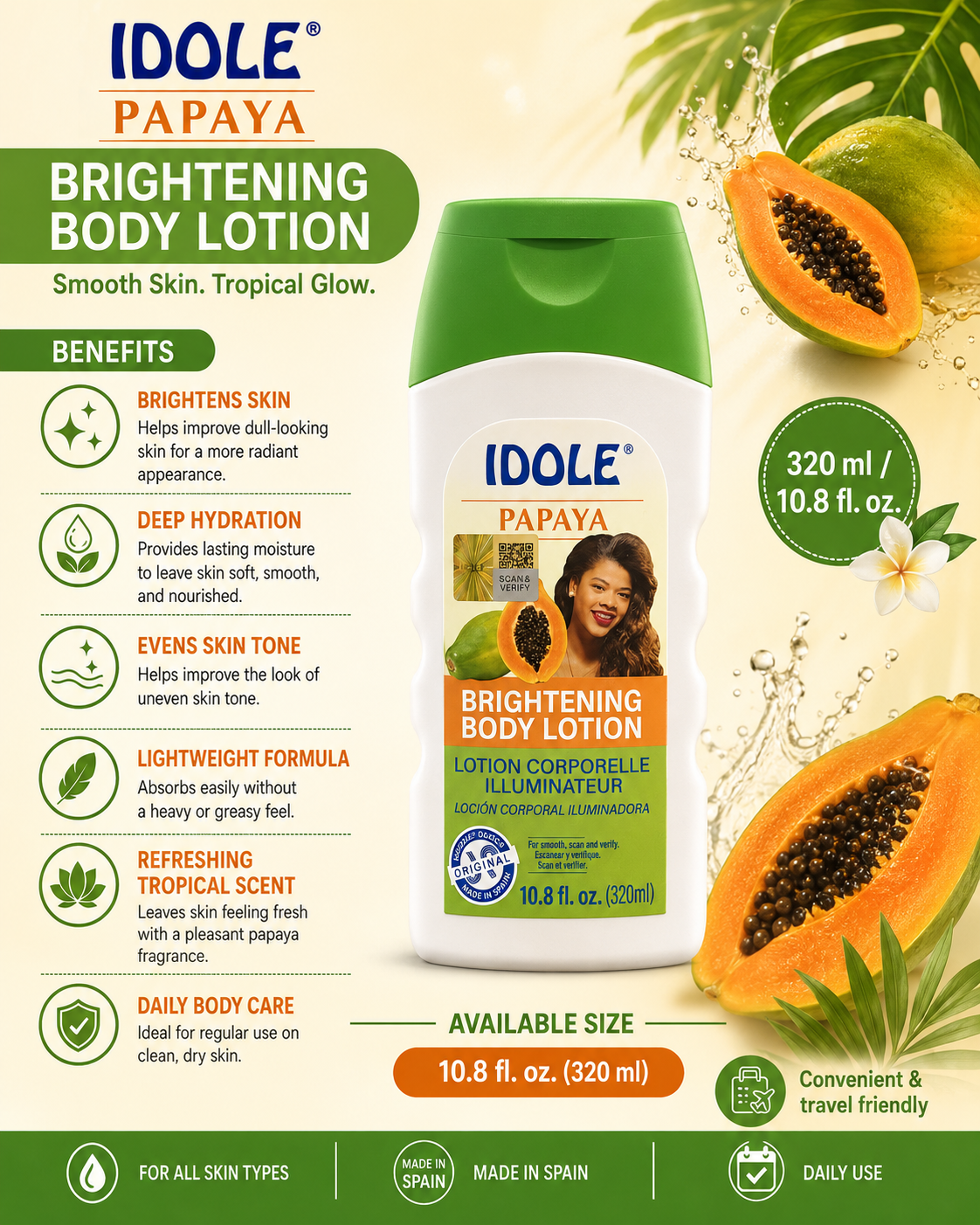 Idole Papaya Brightening Body Lotion 10.8 fl.oz /320 Ml - Premium Beauty Product