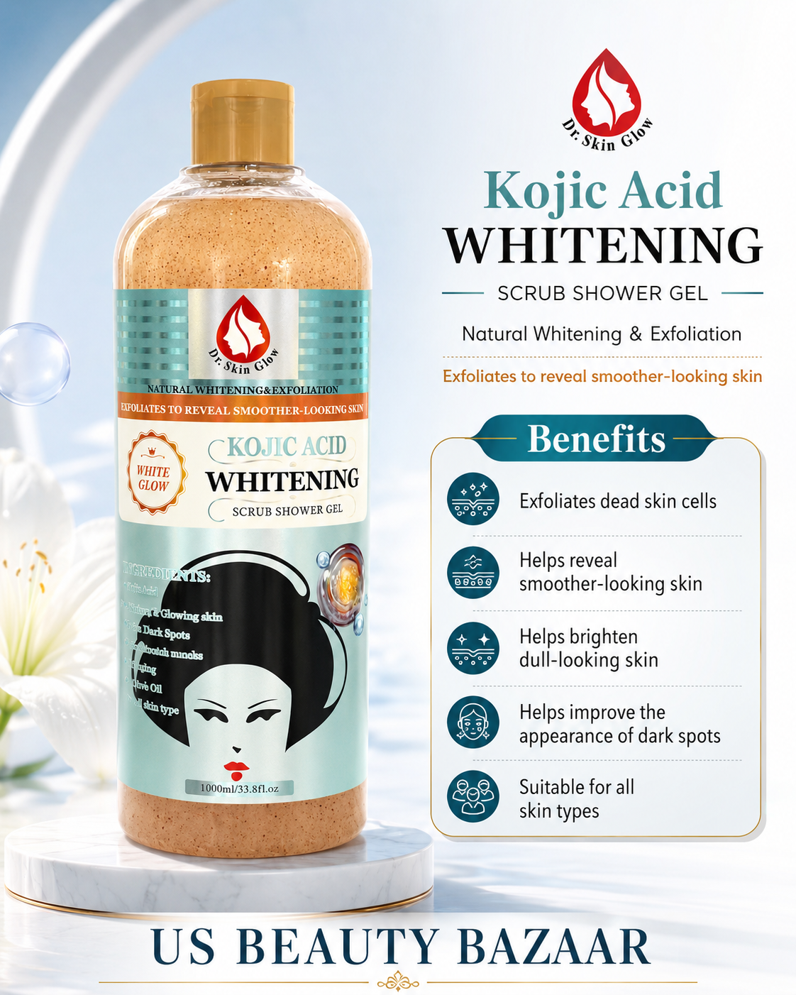 Dr. Skin Glow Kojic Acid Whitening Scrub Shower Gels 1000 ml - Premium Beauty Product