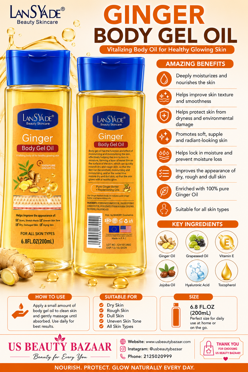 LanSyde Ginger Body Gel Oil 6.8 FL. OZ (200 mL) - Premium Beauty Product