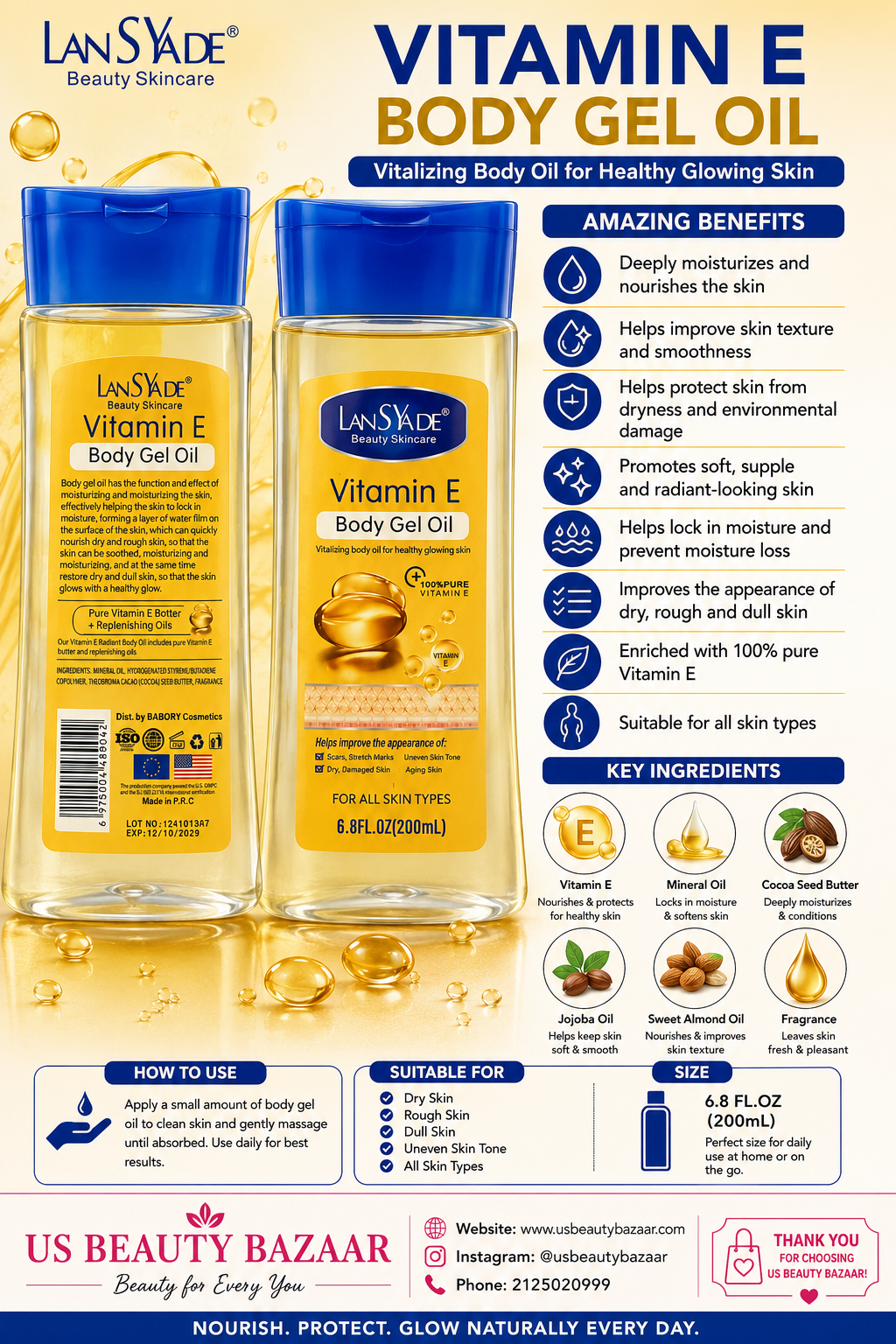 LanSyde Vitamin E Body Gel Oil -200 ml - Premium Beauty Product
