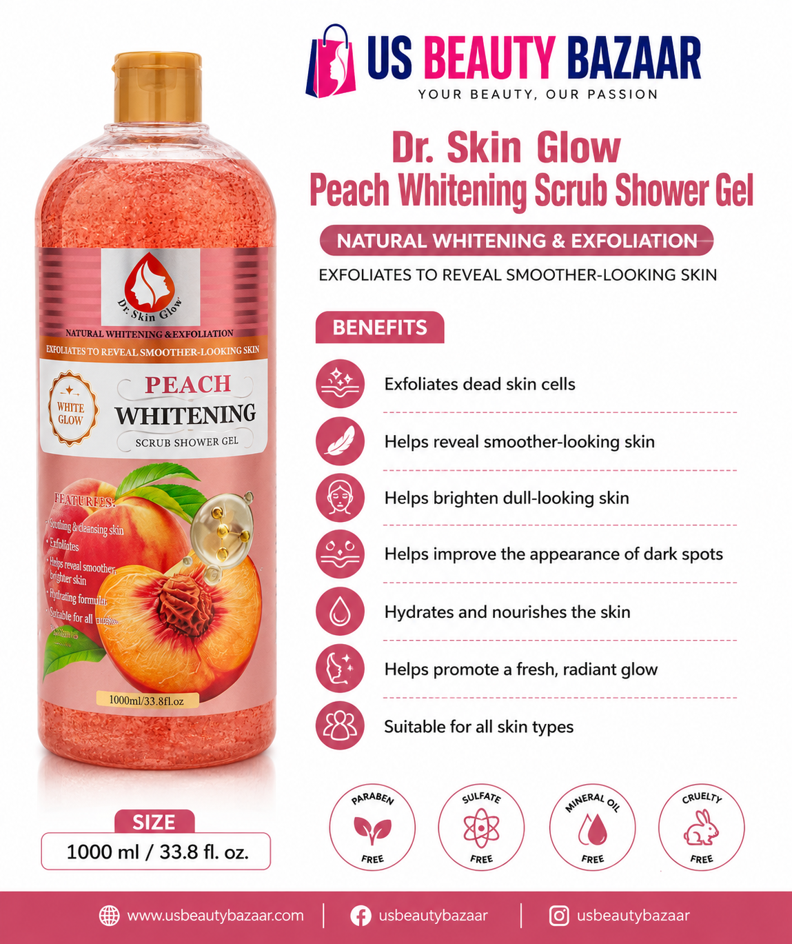 Dr. Skin Glow Peach Whitening Scrub Shower Gel 1000 ml / 33. - Premium Beauty Product