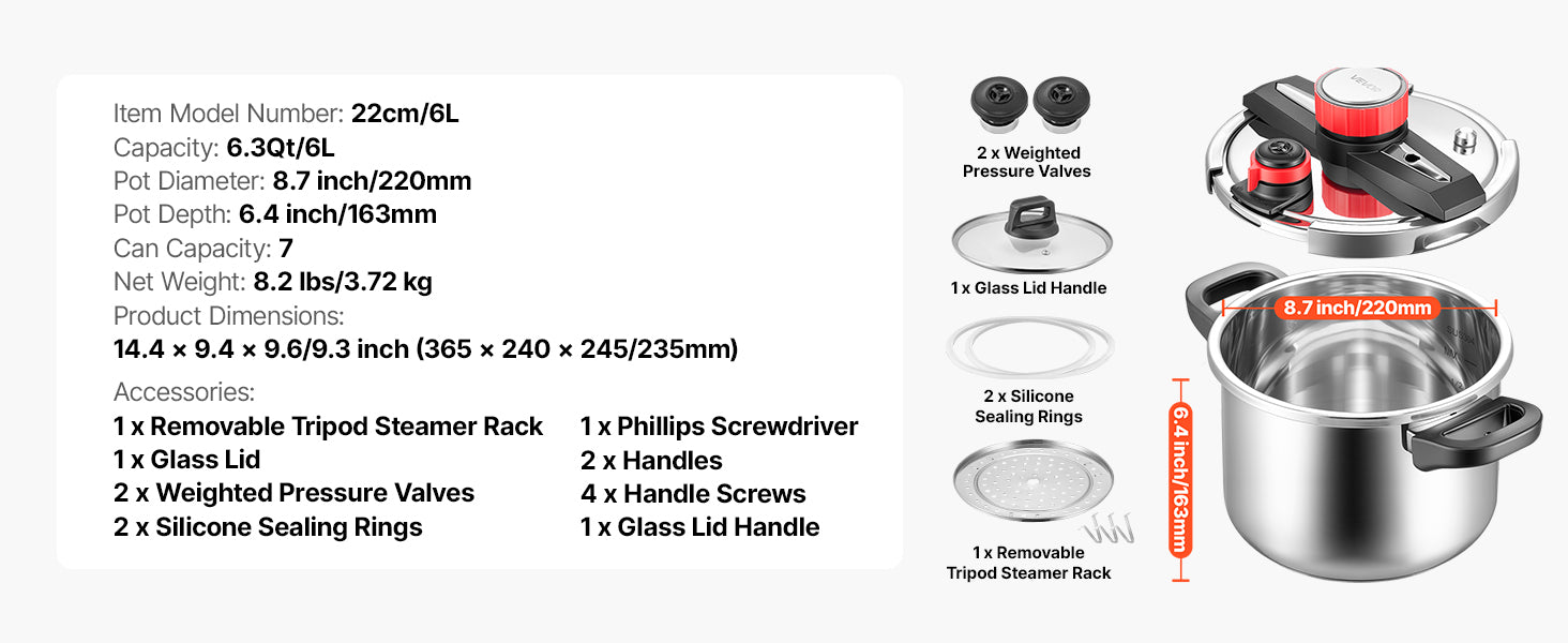 SucceBuy 6.3 8 10 12 Qt Pressure Cooker Stainless Steel Pressures Canner with Steaming Rack Tempered Glass Lid for Meat, Beans,