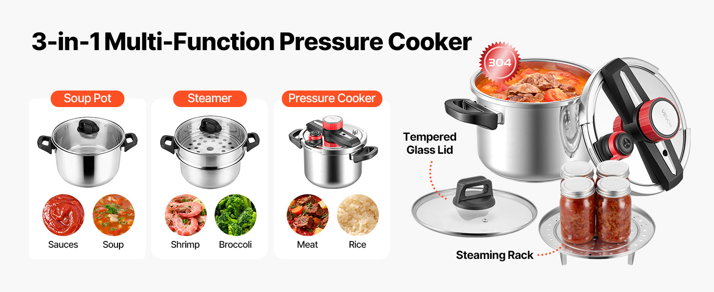 SucceBuy 6.3 8 10 12 Qt Pressure Cooker Stainless Steel Pressures Canner with Steaming Rack Tempered Glass Lid for Meat, Beans,