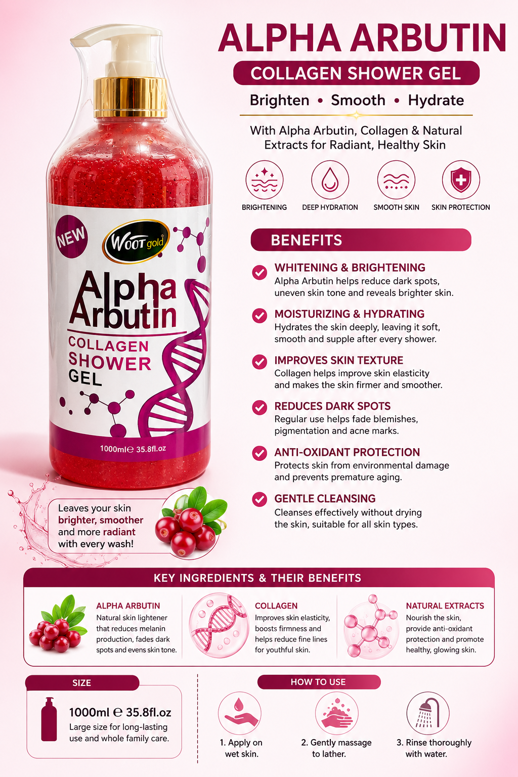 Woot Gold Alpha Arbutin Collagen Shower Gel 1000 ML - Premium Beauty Product