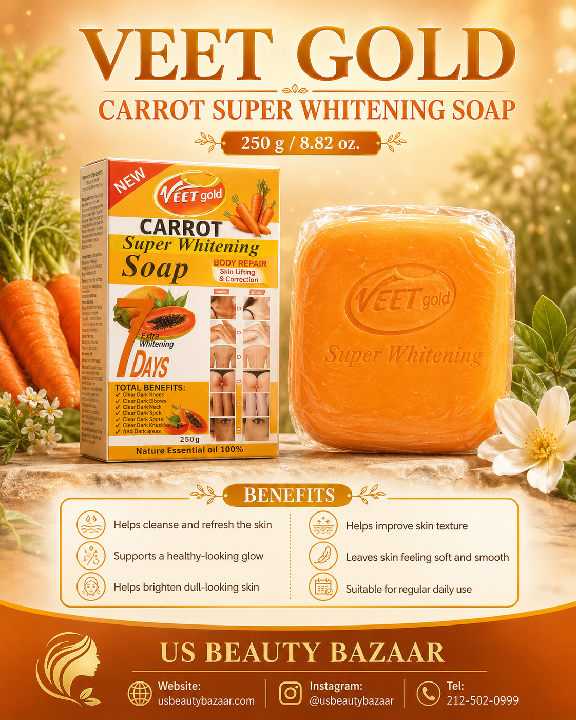 Veet Gold Carrot Super Whitening Soap  Size: 250 g / 8.82 oz - Premium Beauty Product