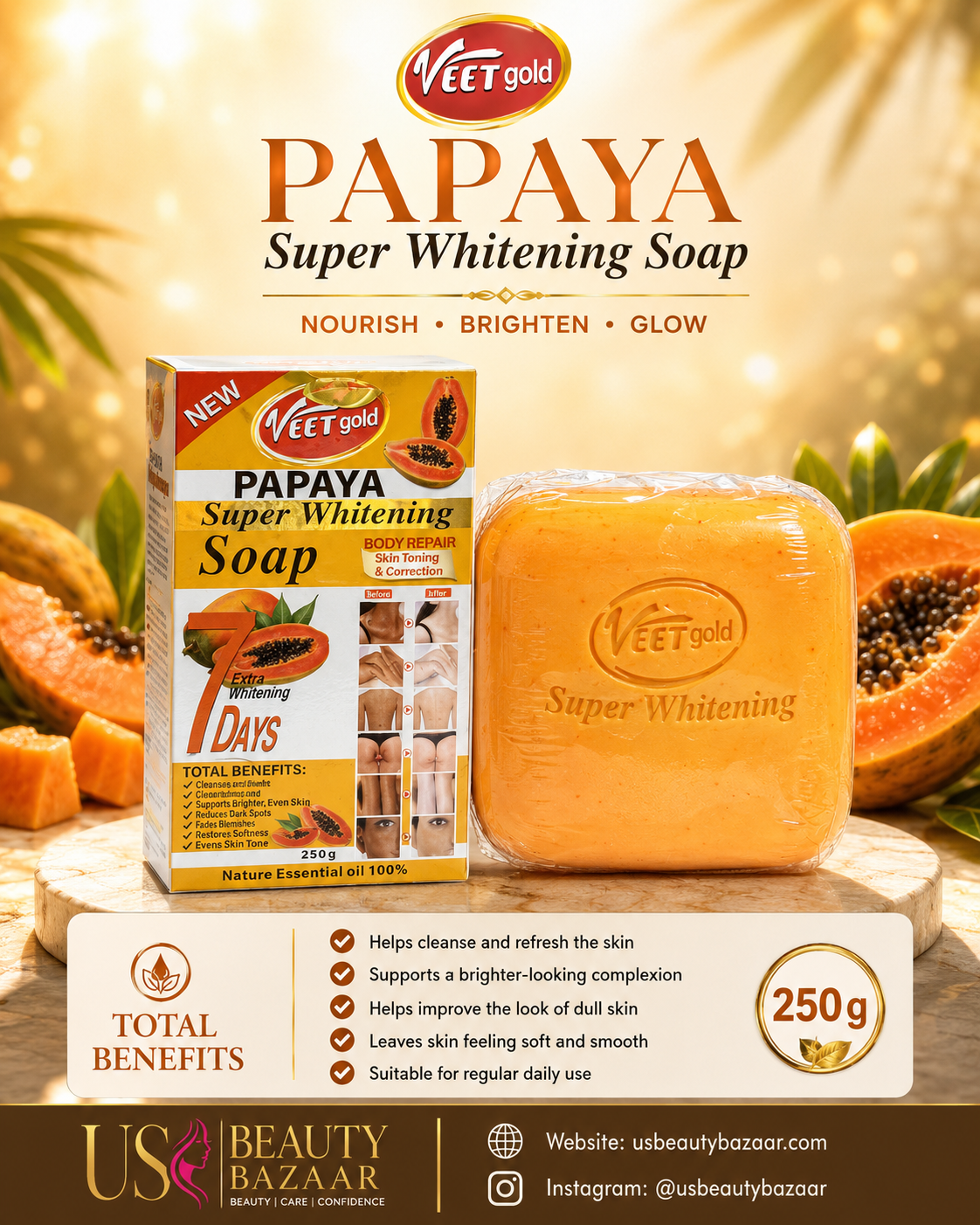 Veet Gold Papaya Super Whitening Soap  Size: 250 g / 8.82 oz - Premium Beauty Product