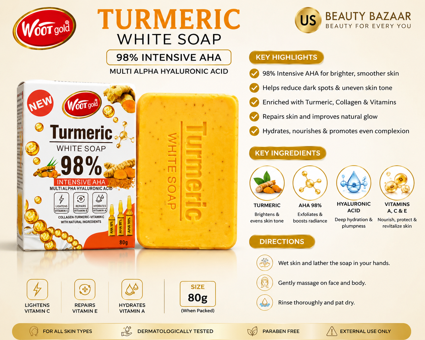 Woot Gold Turmeric White Soap Size 80 Grm - Premium Beauty Product